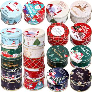 20 Pcs Christmas Cookie Tins with Lids for Gift Giving Small Xmas Tin Containers Round Iron Christmas Tins Empty Cookie Jar for Gift Giving Holiday Party Favors