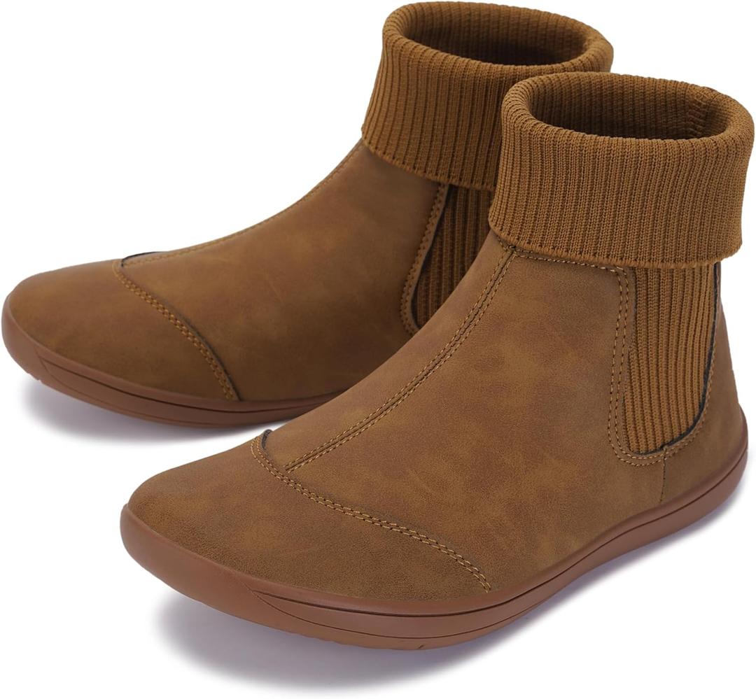 WHITIN Women's Wide Barefoot Ankle Boots | Minimalist Chelsea Styles | Zero Drop | Stacked Sock-like Cuffs (5 Wide, W821 | Light Brown)