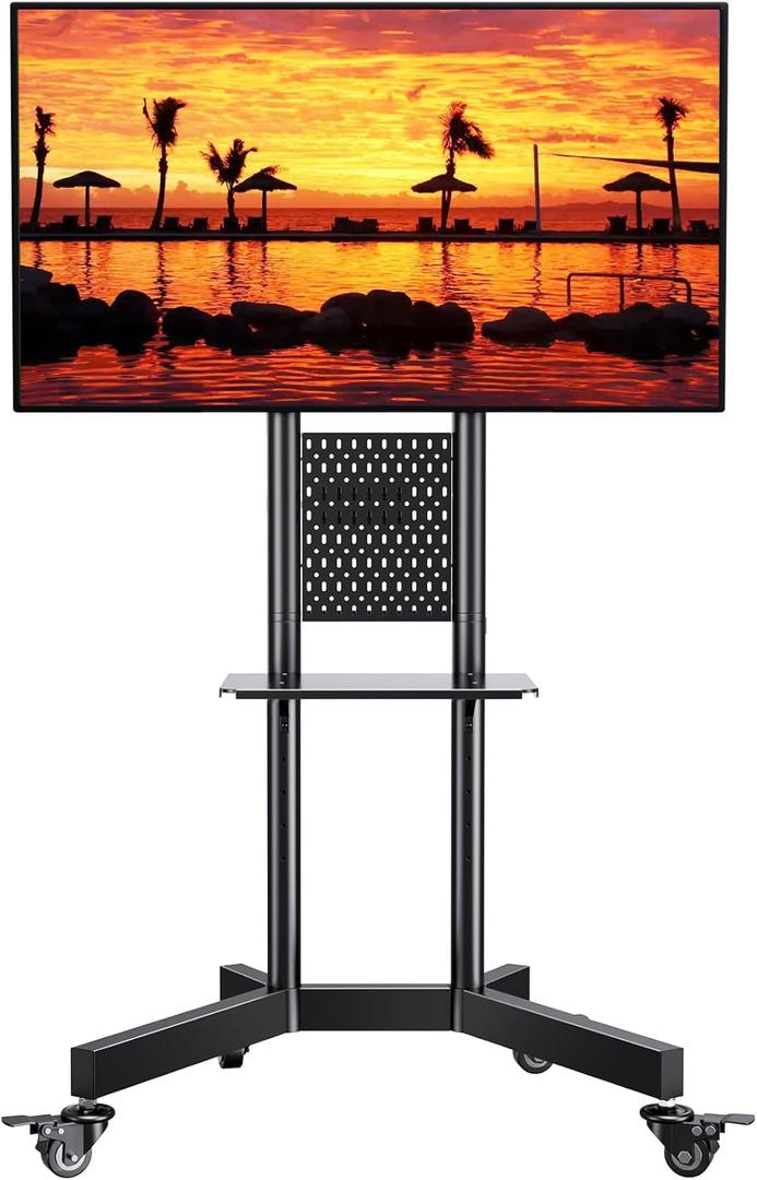 PERLESMITH Rolling TV Stand with Pegboard Storage for 32-85 Inch TVs Holds up to 132 Lbs, Height Adjustable Mobile TV Stand with Laptop Shelf, Portable tv Stand for 4K TVs Max VESA 600x400mm PSTVMC01 (Black)
