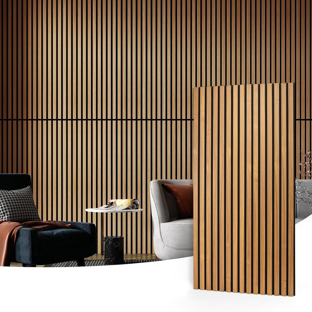 Art3d 2-Pack Acoustic Wood Slat Wall Panels for Interior Decor, 3D Fluted Sound Absorbing Wood Paneling for Accent Wall Ceiling Kitchen Living Room Bedroom Office, 47.2 x 23.6 inch Teak
