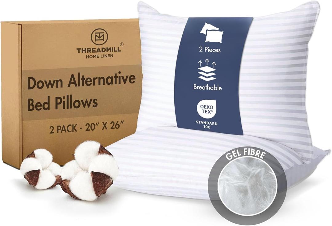 Threadmill Soft Bed Pillows Standard Size Set of 2 | Down Alternative Cooling Bed Pillow for Sleeping | Soft Pillows | 20 x 26 Hotel Pillow, Standard Pillows 2 Pack for Back, Stomach or Side Sleepers