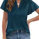 PRETTYGARDEN Women's 2026 Summer Satin Blouses Dressy Casual Ruffle Cap Sleeve V Neck Business Work Cute Tops Spring Outfits (Dark Blue)