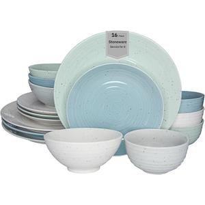 Sango Siterra Artist's Blend 16-Piece Stoneware Dinnerware Set for 4, Green, Cream & White Glossy Dishes with Speckles, Ceramic Plates and Bowls Sets for Everyday Dining, Microwave & Dishwasher Safe