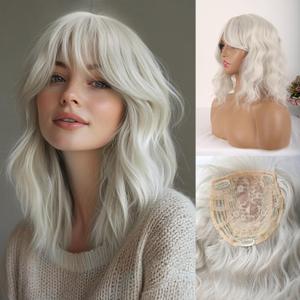 CINHOO 14" Curly Wavy Synthetic Hair Topper for Thinning Hair Platinum Clip in Topper with Bangs, Short Womens Hairpiece for Thin hair (M60#)