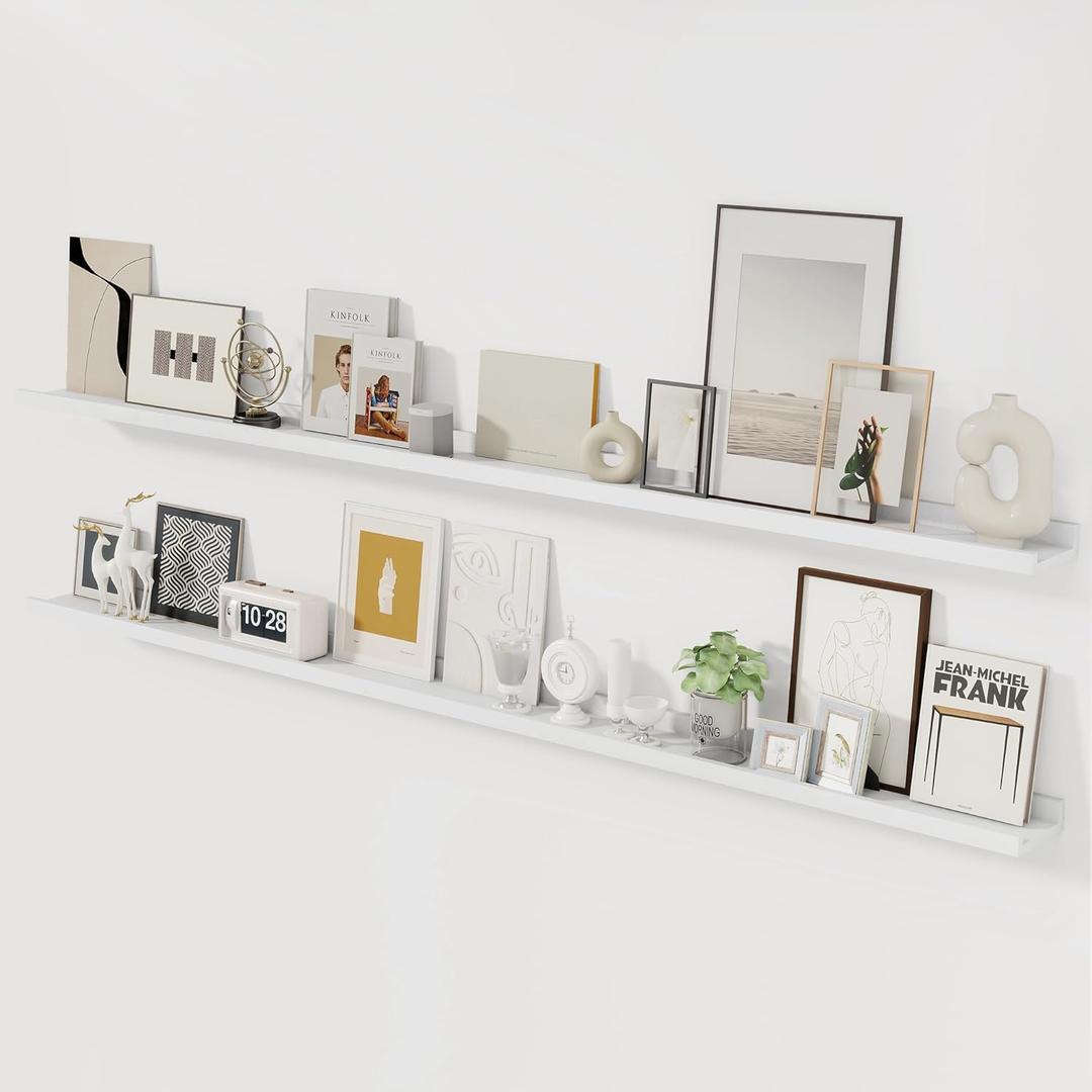 Acovy Picture Ledge Shelf, 72 inch Solid Ash Wood Floating Shelves Set of 2, Picture Ledge Ledge Wall Mounted for Living Room Kids' Room Bedroom, Color White