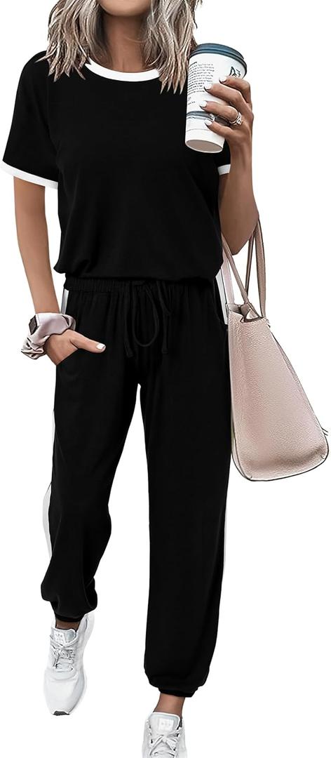 MASCOMODA Womens 2 Piece Outfits 2026 Summer Tracksuit Sets Short Sleeve Tops Travel Long Pants Jogger Lounge Set(Black, Large)
