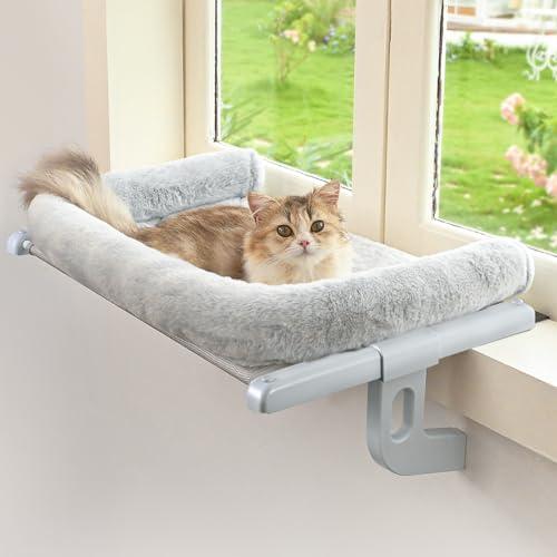 Zoratoo Cat Window Sill Perch with Large Bolster, Easy to Adjust & Assemble Cat Window Seat for Windowsill & Bedside, Pet Hammock Bed for Large Cats and Kittens (Grey, M)
