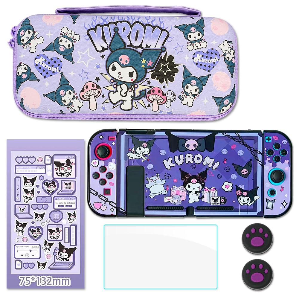 PERFECTSIGHT Switch Carrying Case for Nintendo Switch Console with 8 in 1 Bundle Accessories, Cute Travel Carry Bag with Game Card Storage Thumb Grip Caps and Switch Protective Case Cover, Purple KLM