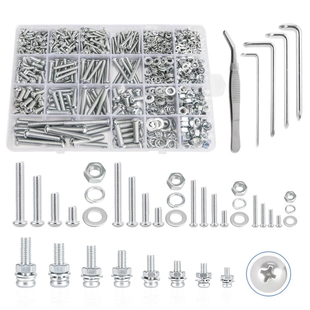 1218 Pcs Zinc Plated Screws Bolts and Nuts Assortment Sets with 4 Pcs Screws Wrenches, M3 M4 M5 M6 Metric Machine Screws Nuts Flat Washers and Lock Washer Kit, Zinc Plated and Anti Rust Screws Set