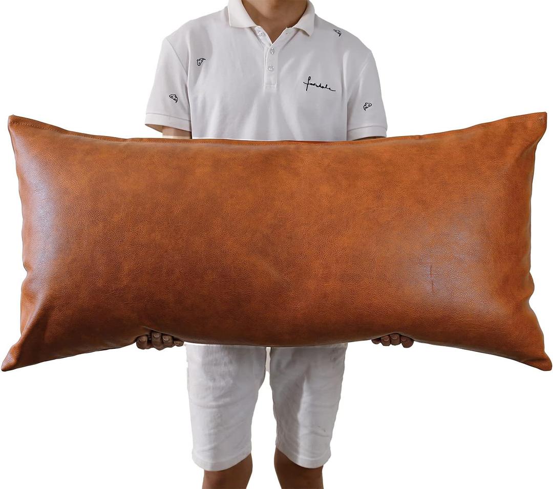PANOD Luxury Full Body Pillow Covers 20 x 36,Decorative Faux Leather Long Pillow Covers Lumbar Pillow Case Cushion case for Farmhouse Sofa Couch Bed Livingroom,Vegan Brown
