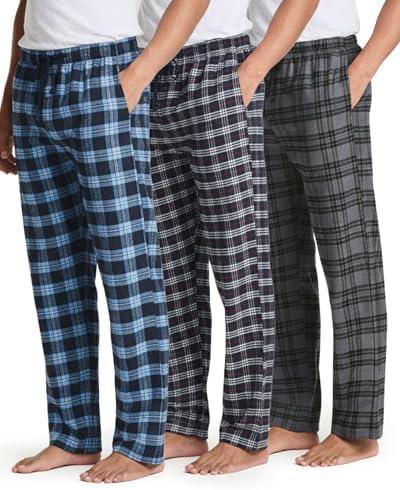 Real Essentials 3 Pack: Men's Soft Cotton Flannel Pajama Pants PJ Lounge Bottoms Elastic Waist Pockets (Big and Tall) L