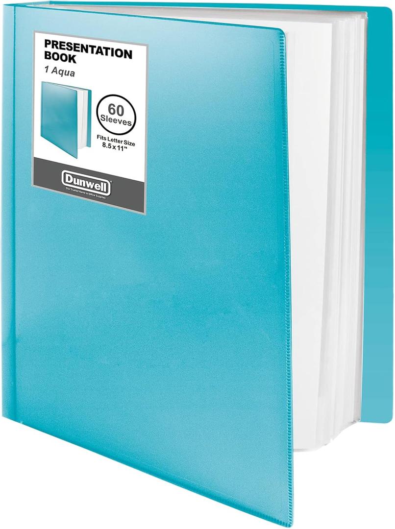 Dunwell Presentation Binder 60-Pocket, Displays 120 Pages, 8.5x11 Portfolio Binder with Plastic Sleeves, Storage and Organizer for Documents, Photos, Kids Artwork, Projects, Recipes (Aqua)