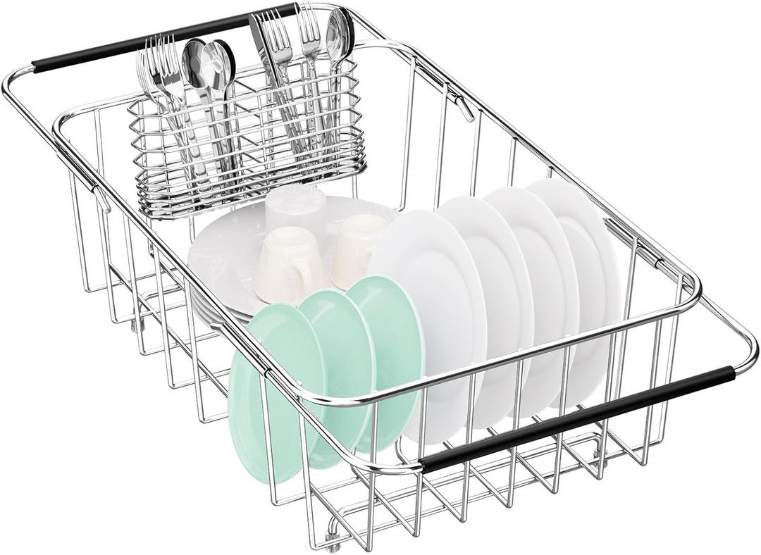Small Dish Drainer Rack in Sink Adjustable, Expandable Stainless Steel Metal Dish Drying Rack Organizer with Stainless Steel Utensil Holder Over Inside Sink Counter, Rustproof(for 1-2 People)