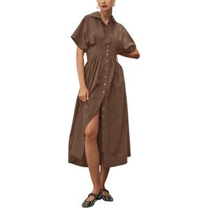 Yeokou Shirt Dress for Women Summer Casual Short Sleeve Button Down Loose Pleated Maxi Sundress with Pockets (Brown, XS)