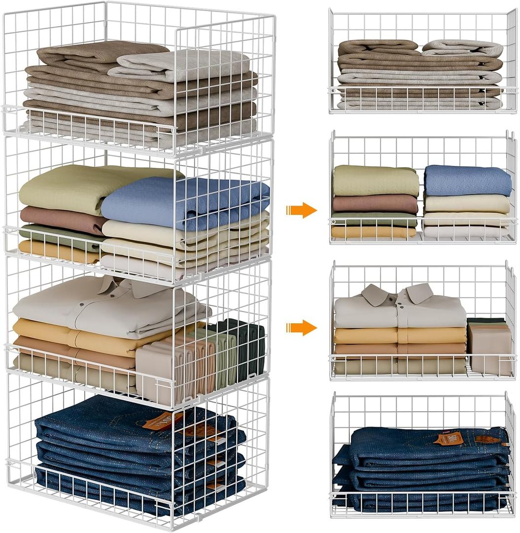 4-Tier Stackable Closet Organizers and Storage Basket, Foldable Closet Shelf Organizer System, Space-Saving Clothes Storage Drawer Organizer for Wardrobe, White (Patent Pending), Material Type: White 11.8"x 15.7"x 34.6"