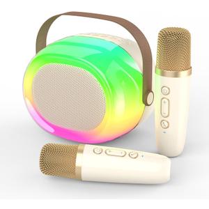 Karaoke Machine for Adults,Portable Bluetooth Speaker with Two Wireless Microphones and Dynamic Lights,Support TF/USB/AUX,Birthday Gifts for Girls/Boys//Men/Women/Family Home Party (Beige 2 mics-colorful lights)