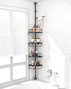 ADOVEL 4 Layer Corner Shower Caddy, Stainless Steel Constant Tension Pole Shower Organizer, Adjustable Corner Shower Shelf, Rustproof 3.3 to 9.8 ft