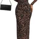 Women's Y2k Leopard Print Mesh Sheer Bodycon Maxi Dresses Cheetah Long Sleeve Elegant Formal Wedding Guest Dress (Large, Brown)