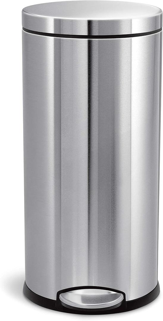 simplehuman Round Step Can, 30L / 8 Gallon Kitchen Trash Can, Iconic Round Shape, 150,000-Step Pedal, Lid Shox® Silent Close, Removable Inner Bucket, Brushed Stainless Steel