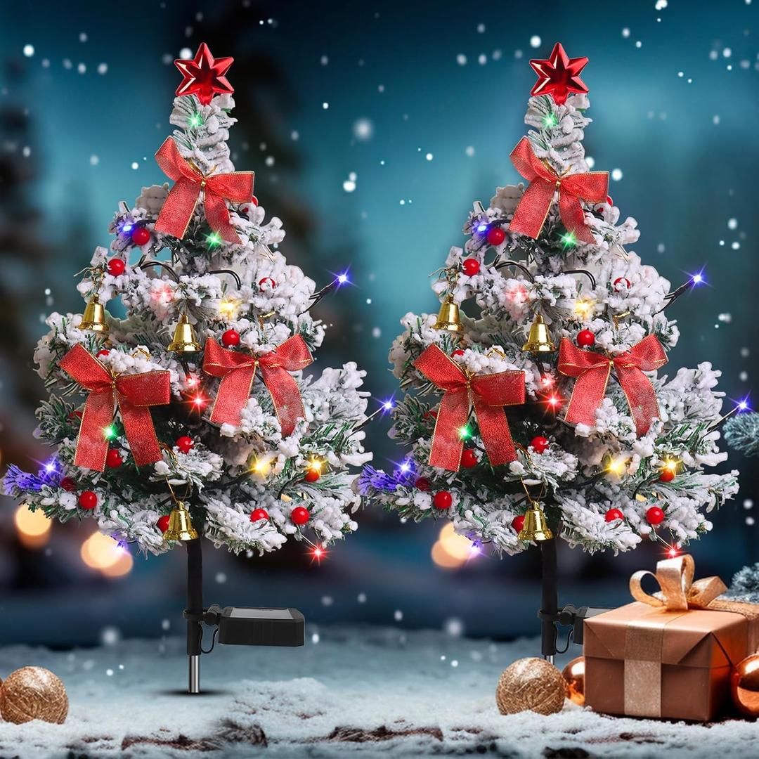 Solar Christmas Trees Decorations, 2 Pack Solar Powered Xmas Tree Lights, Pathway Lights with Multi-Color Lights Waterproof for Outside Garden Yard Lawn House Front Porch Door(White)