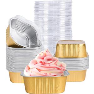 40 Pack Mini Cake Pans with Lids, 5oz Square Aluminum Foil Brownie Baking Cups, Muffin Tin Ramekins, Disposable Dessert Cupcake Cups for Wedding Birthday Party, Gold