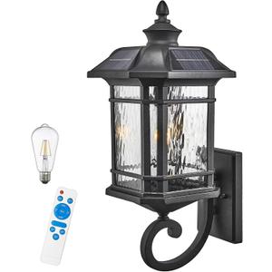 Outdoor Solar Wall Light Dusk to Dawn Solar Porch Light with Water Ripple Glass 20 Inch Height Large Size Outdoor Wall Sconce for Garage Porch Front Door Black Finish and Waterproof