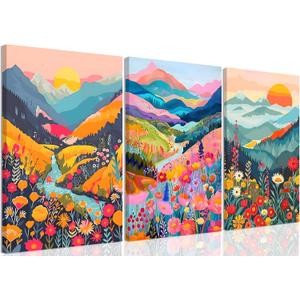 Colorful Watercolor Mountain Canvas Wall Art Set of 3 Boho Flower Picture Wall Decor Abstract Nature Landscape Artwork Paintings Posters Print for Living Room Bedroom Office 24x16In Framed (24L" x 16W")