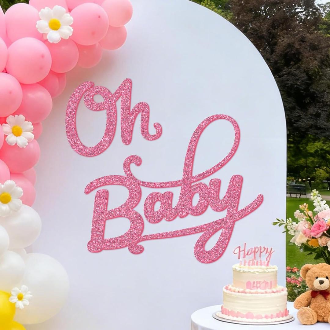 Babenest Flash Pink Felt Oh Baby Sign - Reusable Glitter Letter Banner for Backdrop, Balloon Arch Decor, Party Supplies for Baby Shower Party Birthday Decorations