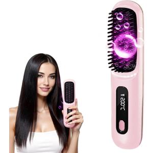 New Go Brush Pro 2025 Cordless Hair Straightener Brush - 20s Fast Heat Up, 50 Min Runtime, 199M Frizz-Fighting Ions, 4-Temp & LED, 3200mAh USB-C, Auto Shut-Off, Travel-Friendly (Pink)