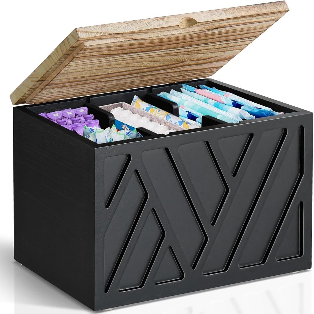 Tampon Holder for Bathroom Decor, Feminine Product Organizer With Lid, Shark Week Storage, Wood Pad Box for Toilet, Bathroom Accessories for Girl Stuff (1-Pcs-Black)