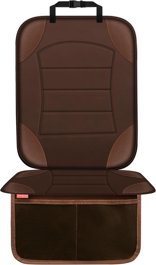 Sinvitron Car Seat Protector for Child Car Seat, Waterproof Car Seat Cover for Leather and Fabric Seats, 2 Mesh Pockets, Non-Slip Bottom, Thick Padding Cushion(1 Pack, Brown)