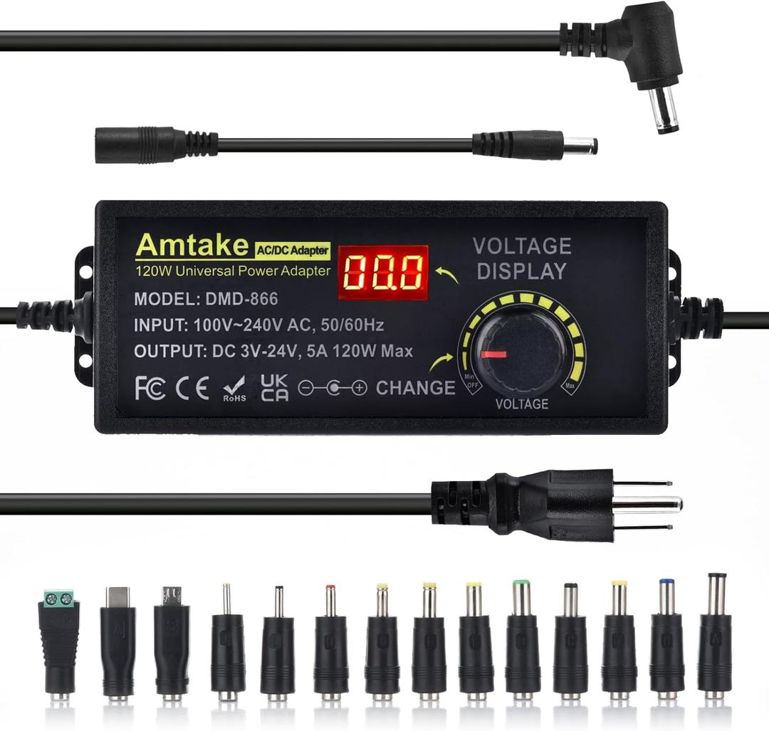 Universal Power Supply Adjustable AC to DC 3V ~ 24V Variable Switching AC/DC Adapter 5A 120W with LED Voltage Display and 5.5 x 2.5 mm 14 Tips for Household Electronics, DC Motor