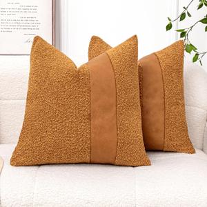 Pack of 2 Orange Brown Boucle Decorative Pillow Cover with Faux Leather Modern Accent Pillow Case 20 x 20 Inch Textured Stripe Cushion Covers for Chair Sofa Bedroom Living Room Home Decor