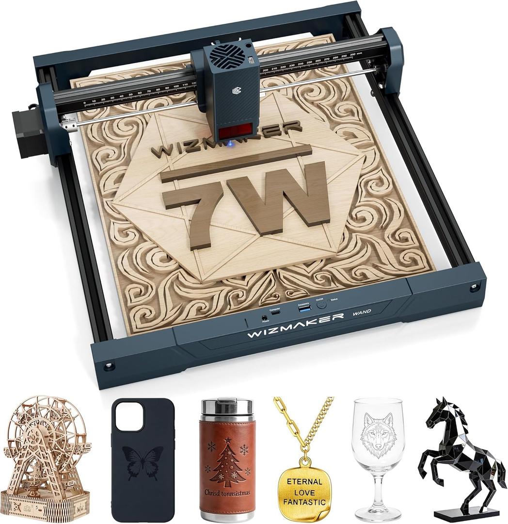 WIZMAKER Laser Engraver, 7w Wood Engraver, 300x300mm Carving Area, 10000mm/min Processing Speed, Compatible with Lasergrbl&Lightburn, Class 4 Safety Level, Suitable for Home/Studio/Entrepreneur