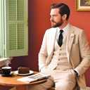 Beige Men's Linen Suit 2 Piece Slim Fit Summer Beach Wedding Dress Prom Party Suit Blazer Jacket and Pants (Green, M)