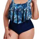 Mooncore Womens Plus Size Swimsuit High Waisted Tankini Bathing Suits Two Piece Flounce Bikini Swimsuit (Dark Blue), XL
