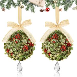 2 PCS Christmas Mistletoe Decoration Artificial Mistletoe Hanging Crystal Ornament Kissing Ball with Berry Bow for Doorway Home Xmas Tree Friendship Holiday Party Arch Ceiling Decor (Gold)