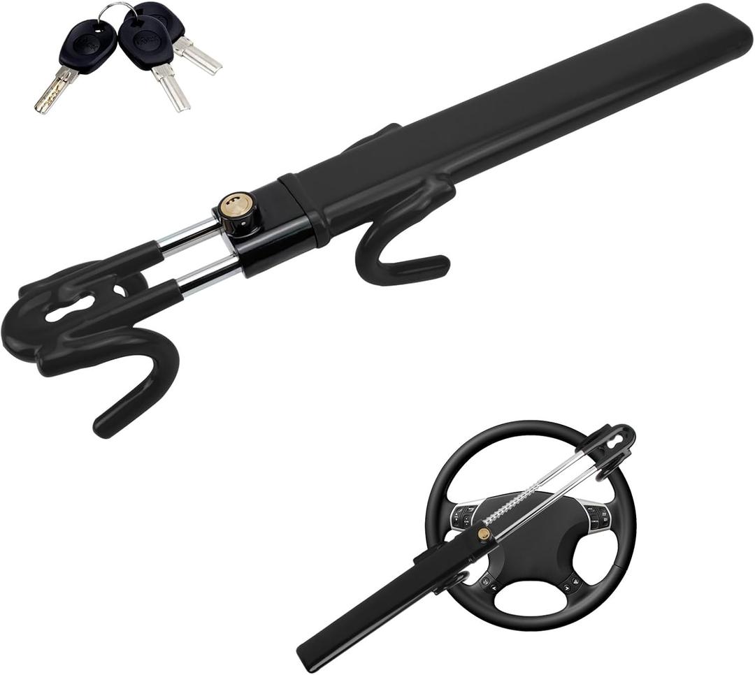 Wheel Lock Anti-Theft Car Device, Heavy Duty Vehicle Security Lock,Two Hooks Car Steering Lock Adjustable with 3keys for SUV (Black)
