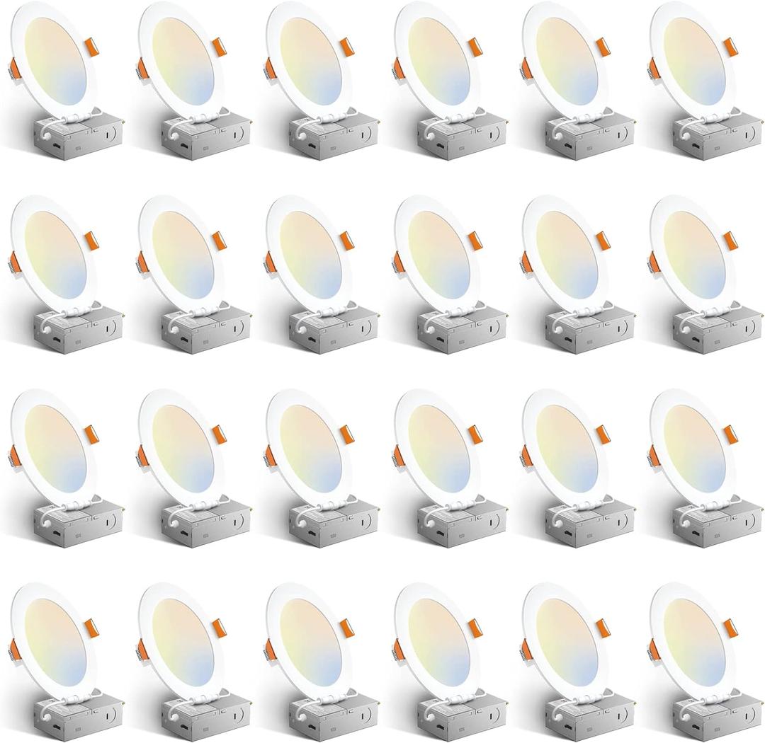 Amico 24 Pack 6 Inch 5CCT Ultra-Thin LED Recessed Ceiling Light with Junction Box, 1050LM Brightness, Dimmable Canless Wafer Downlight, 12W, ETL&FCC