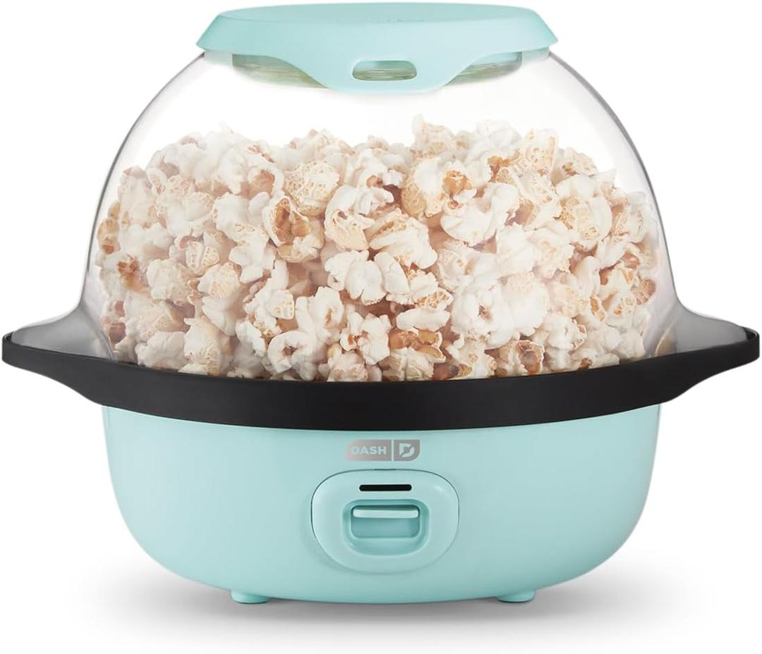 Dash SmartStore Stirring Popcorn Maker  Hot Oil Electric Popcorn Popper with ButterWarming Tray, Clear Serving Bowl & Measuring Cup  12 Cups, Aqua