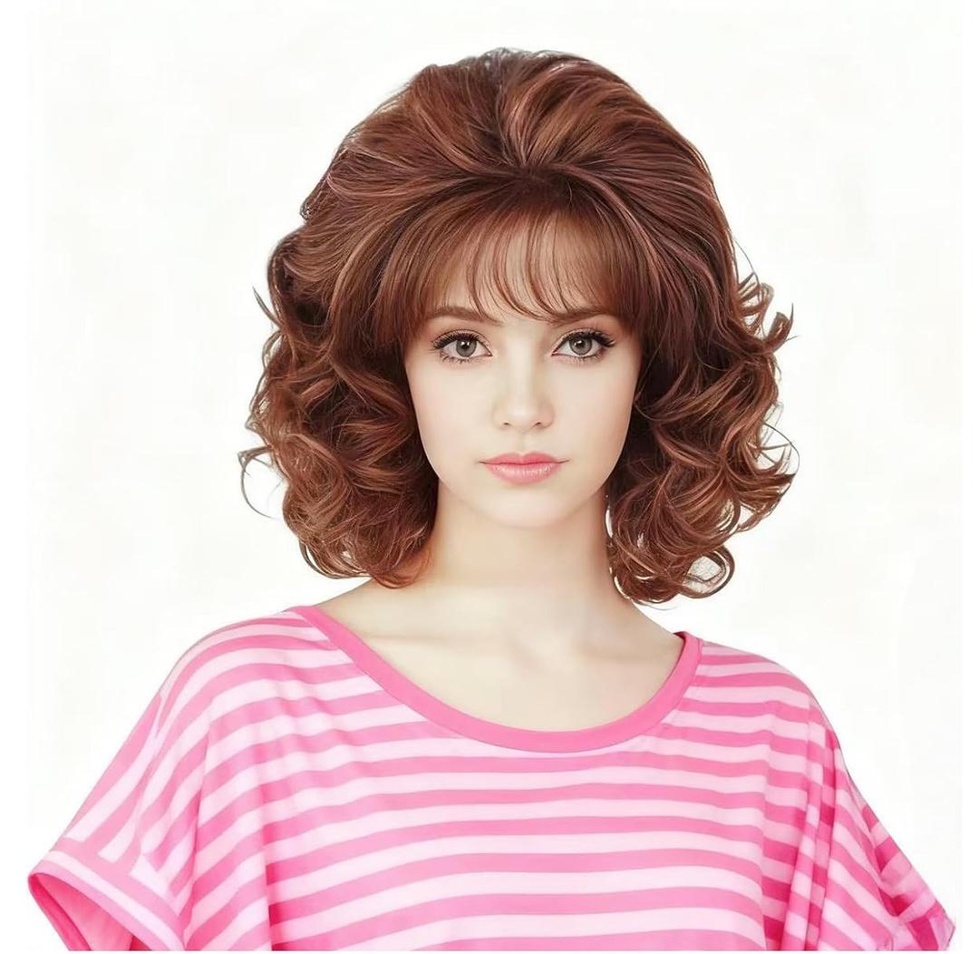 Rugelyss Vintage Short Ginger Mixed Blonde Beehive Wig with Bangs Curly Wavy Heat Resistant Synthetic Hair Wigs for Women fits 70s 80s Costume or Halloween and Party