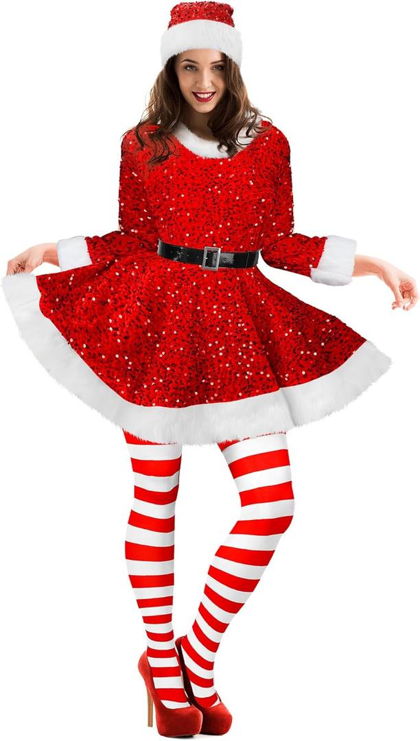 Geyoga Women's Santa Claus Costume Set Velvet Dress with Belt Women's Xmas Striped Tights Santa Hat Set Dress Cosplay(Small, Red Sequin)