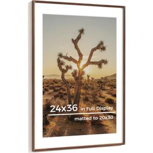 24x36 Picture Frame USA-Sourced Natural Walnut Solid Wood Photo Frame Handcrafted Rounded Corner Wooden Frame with Real Glass Display Photos 20x30 with Mat or 24x36 Without Mat