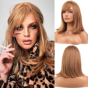BERON Strawberry Blonde Wigs for Women Short Straight Bob Wig with Side Bangs Girls Middle-Length 14 Inch Body Halloween Costume Synthetic Hair Wig for Cosplay Party or Daily Use