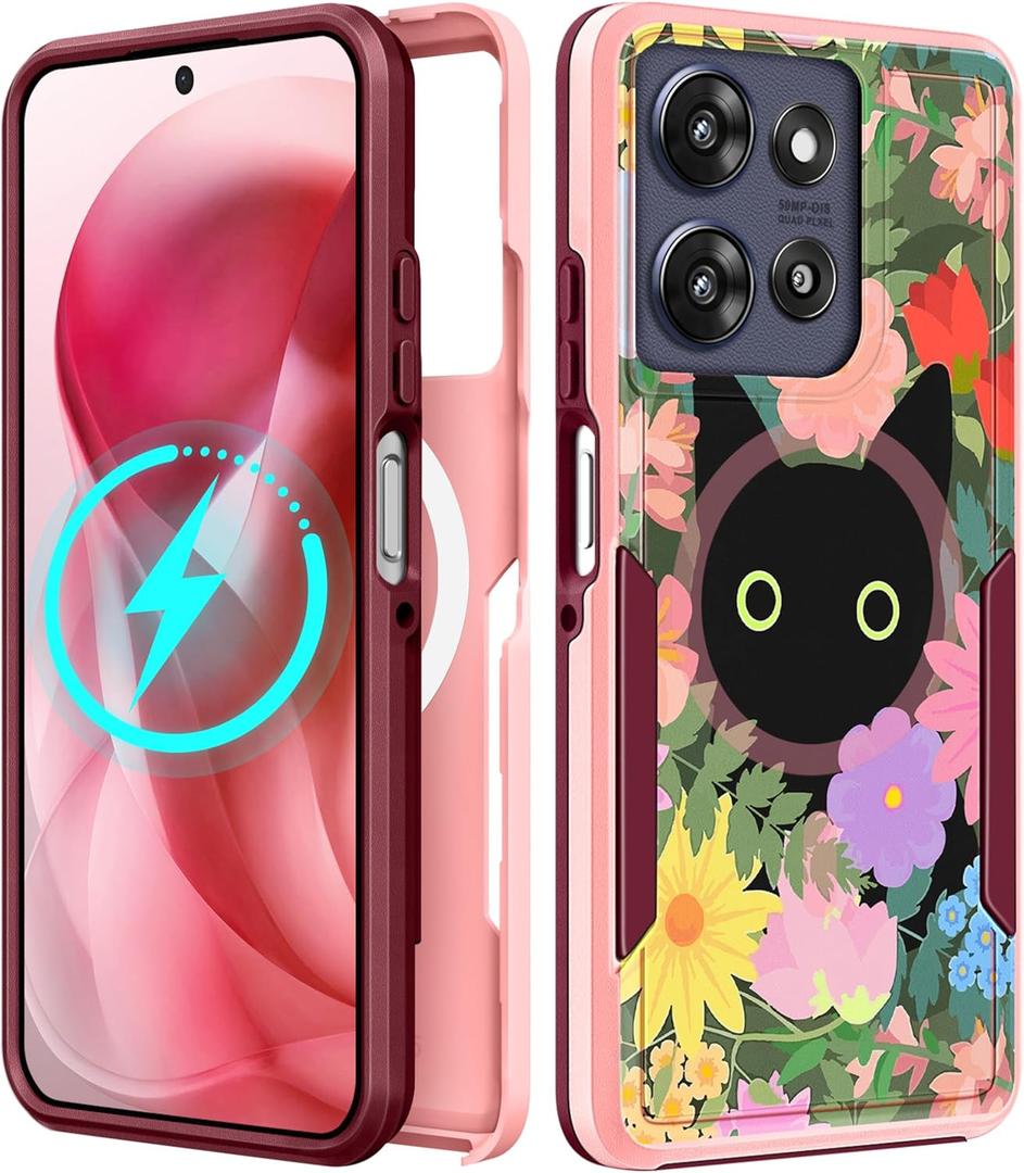 LISEVOfor Moto G Power 2025 Case - for Motorola Moto G Play 2025 Case Compatible with MagSafe Women Cute Girls Magnetic Protective Phone Cover Girly Cat Flower Floral Heavy Duty Shockproof