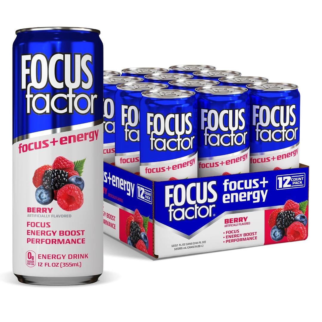 Focus Factor Energy Drink - 12 x 355ml Cans (Berry Flavour) - with Focus + Energy - Lightly Carbonated, Sugar Free, Low Calorie with Vitamins B6 & B12