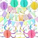 Pastel Birthday Party Decorations Kit - Include Happy Birthday Banner Colorful Flag Bunting Circle Dots Garland Hanging Swirls Honeycomb Ball for Girls womens Rainbow Party Decorations