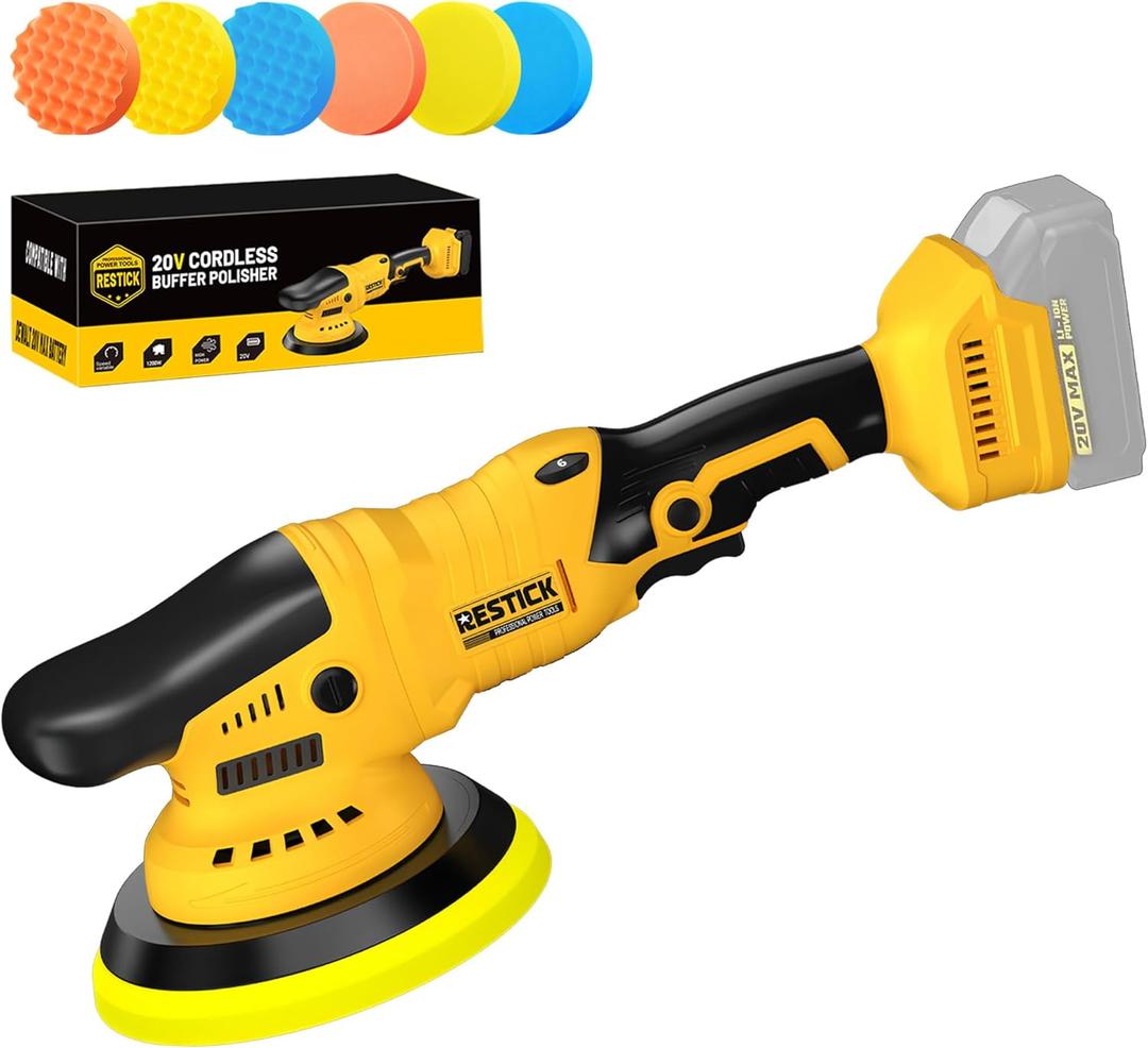 Brushless Cordless Buffer Polisher Compatible with Dewalt 20V Battery(Tool Only) - 15mm Dual Action | 10000RPM High Power | 6-Speed ControlPolisher with 6 Buffing Pads for Car Detailing Polishing