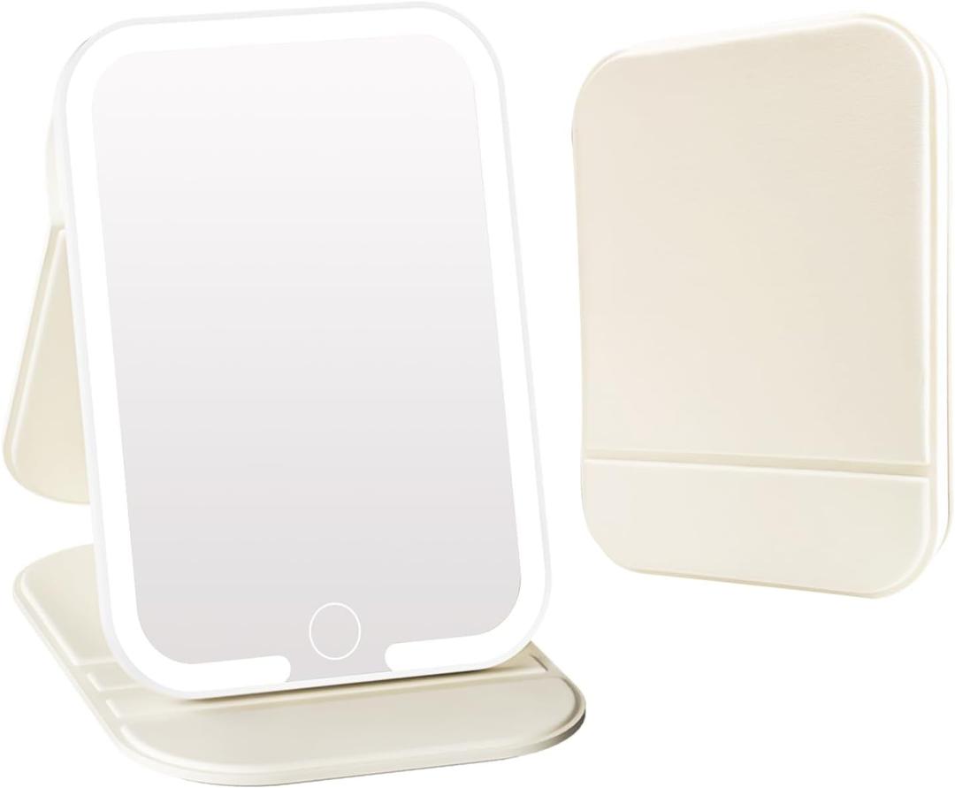 Rechargeable Travel Mirror with Light, LED Makeup Mirror with Lights, Portable Vanity Mirror with 3 Color Lighting, Touch Dimmable Lighted Cosmetic Mirror, Travel Essentials for Women (Beige)