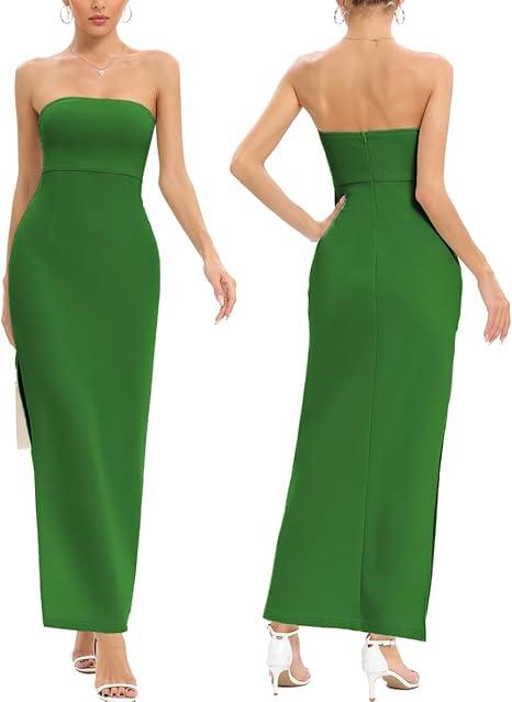 JLCNCUE Women's Tube Strapless Maxi Dress Side Slit Bodycon Dresses Sleeveless Off Shoulder Backless Cocktail Dress 295 (Medium, Green)